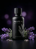 Black bottle of Aura Wellness lavender product with lavender flowers on a dark background